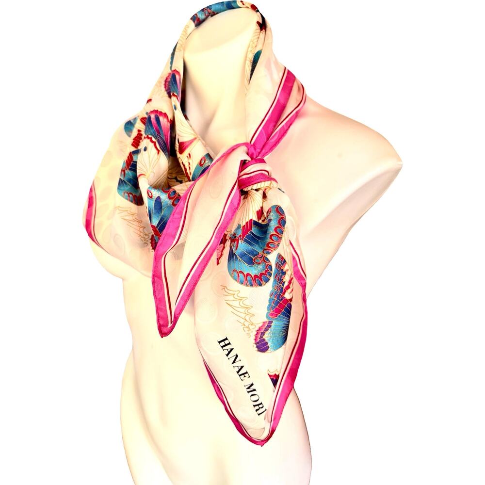 Hanae Mori Butterfly Silk Scarf 35x35 Signature Print 1970s Japan Hand Rolled - Picture 5 of 13